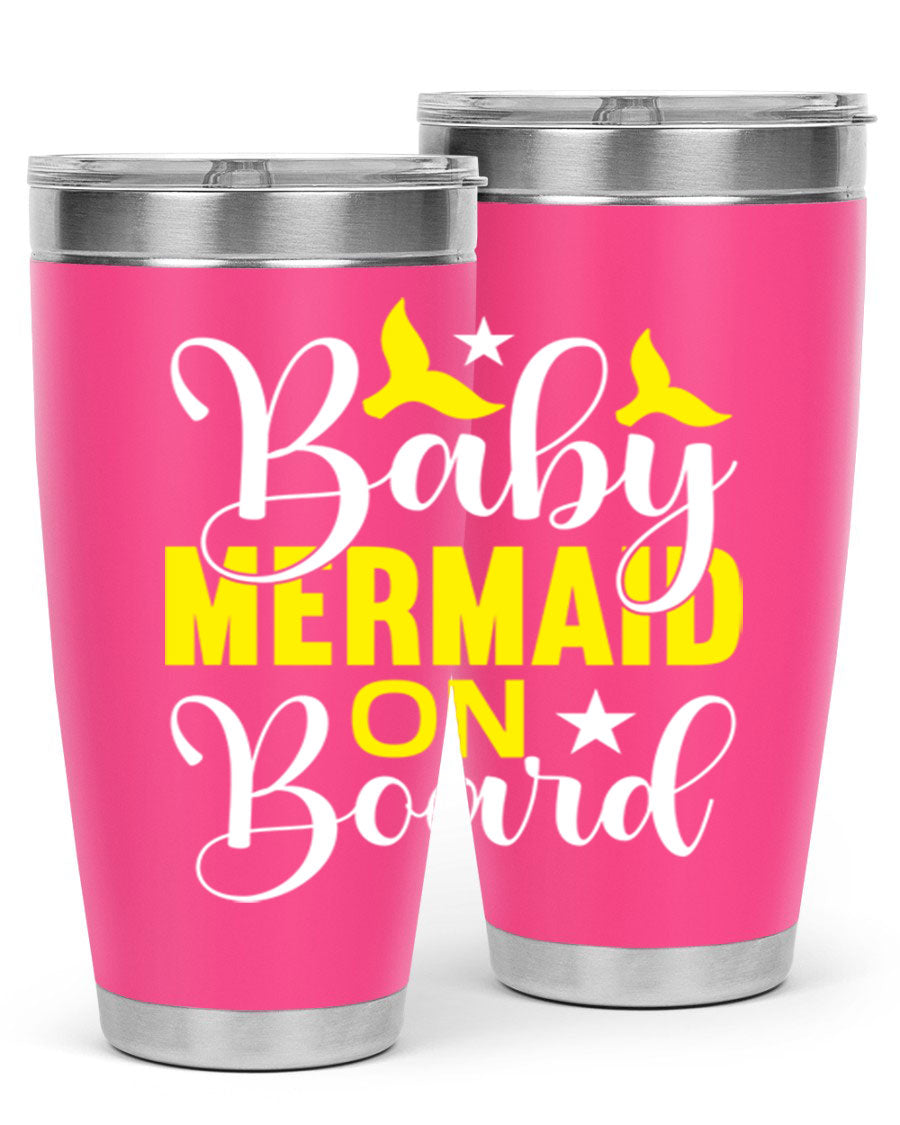 A stylish Baby Mermaid on Board tumbler featuring a whimsical mermaid design, made of stainless steel with a drink-thru lid.