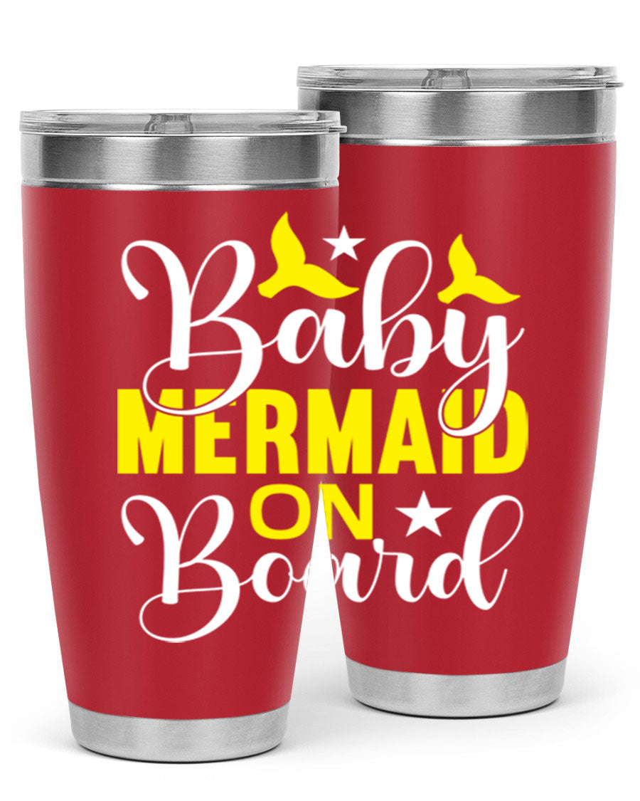 A stylish Baby Mermaid on Board tumbler featuring a whimsical mermaid design, made of stainless steel with a drink-thru lid.