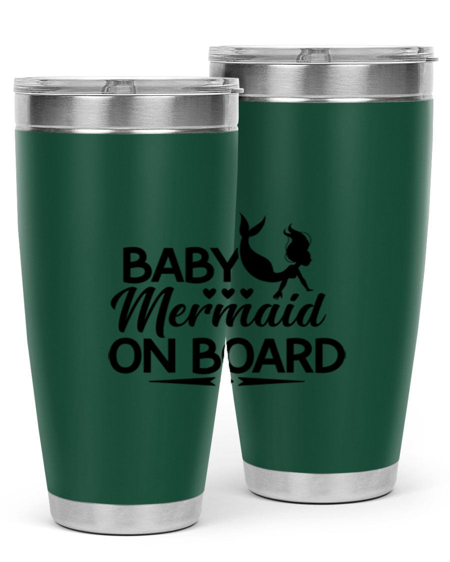 A vibrant Baby Mermaid On Board 20oz tumbler featuring a whimsical mermaid design, made of stainless steel with a drink-thru lid.