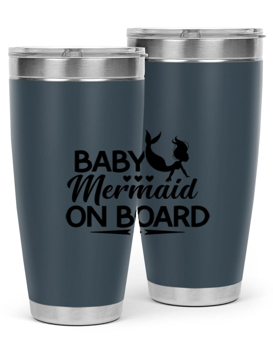 A vibrant Baby Mermaid On Board 20oz tumbler featuring a whimsical mermaid design, made of stainless steel with a drink-thru lid.