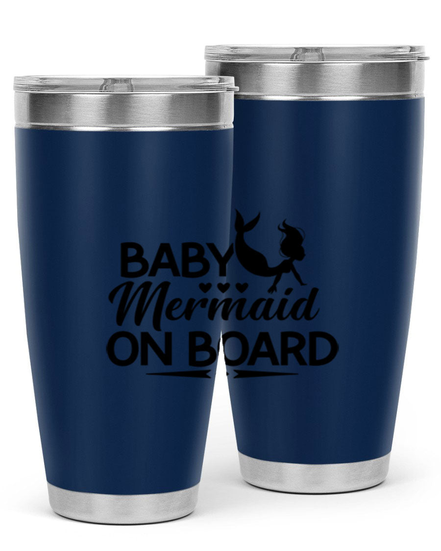 A vibrant Baby Mermaid On Board 20oz tumbler featuring a whimsical mermaid design, made of stainless steel with a drink-thru lid.