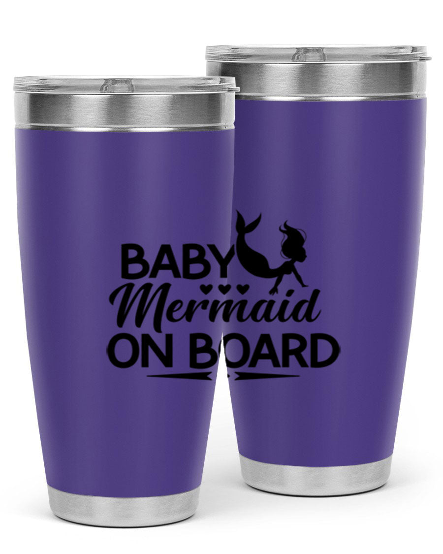 A vibrant Baby Mermaid On Board 20oz tumbler featuring a whimsical mermaid design, made of stainless steel with a drink-thru lid.