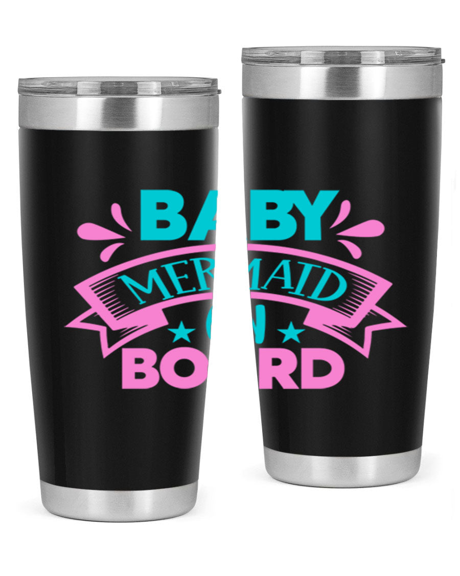 Baby Mermaid On Board 27# tumbler featuring a vibrant mermaid design, made from stainless steel with a drink-thru lid.