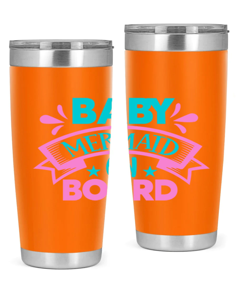 Baby Mermaid On Board 27# tumbler featuring a vibrant mermaid design, made from stainless steel with a drink-thru lid.