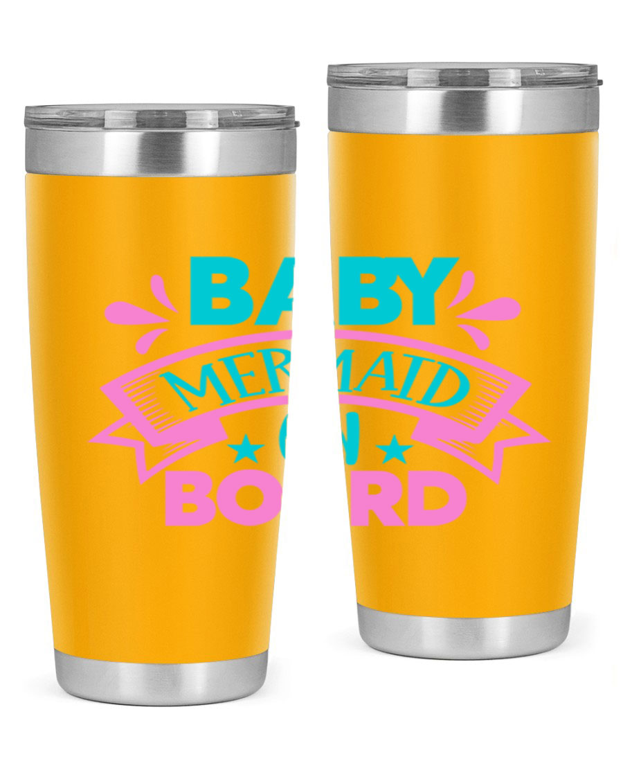 Baby Mermaid On Board 27# tumbler featuring a vibrant mermaid design, made from stainless steel with a drink-thru lid.