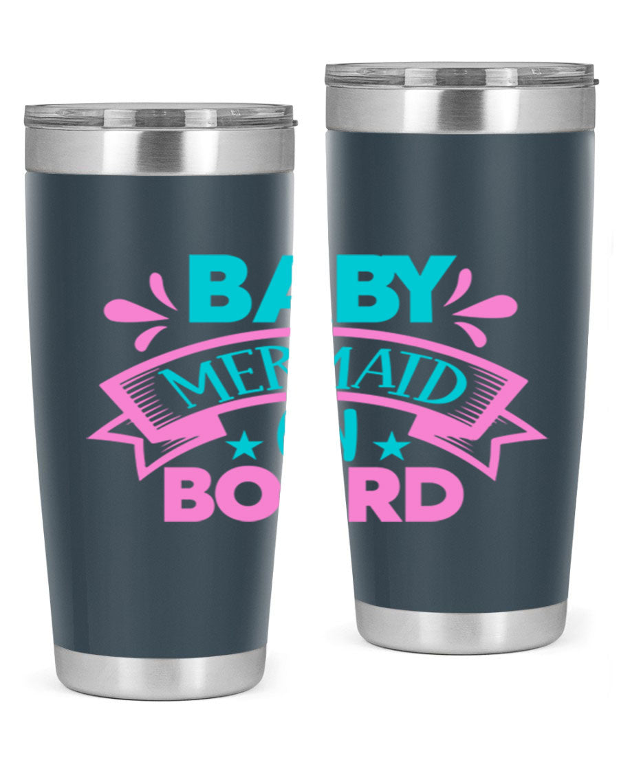 Baby Mermaid On Board 27# tumbler featuring a vibrant mermaid design, made from stainless steel with a drink-thru lid.