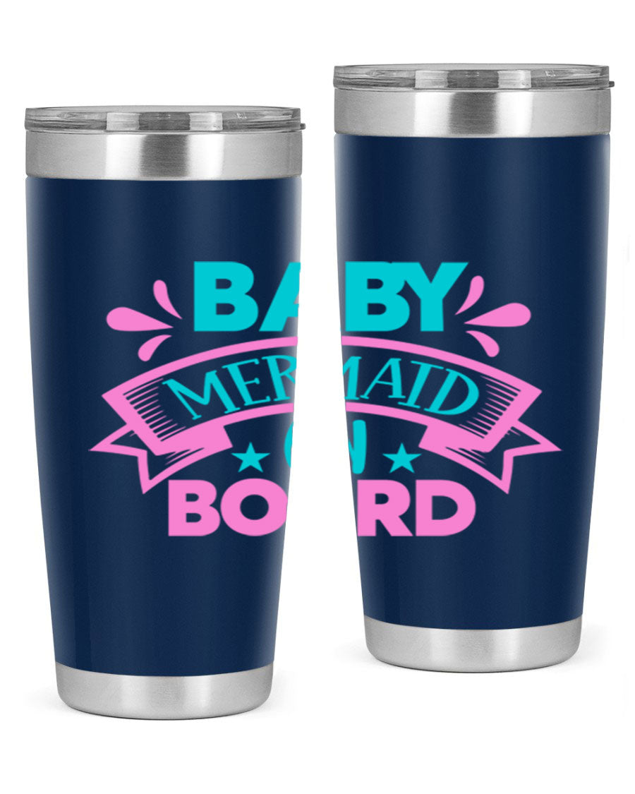 Baby Mermaid On Board 27# tumbler featuring a vibrant mermaid design, made from stainless steel with a drink-thru lid.