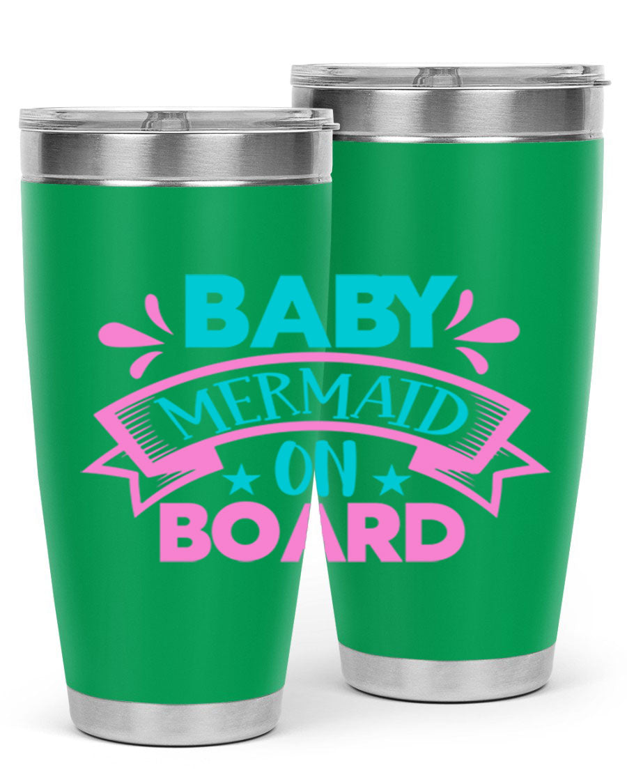 Baby Mermaid On Board 27# tumbler featuring a vibrant mermaid design, made from stainless steel with a drink-thru lid.