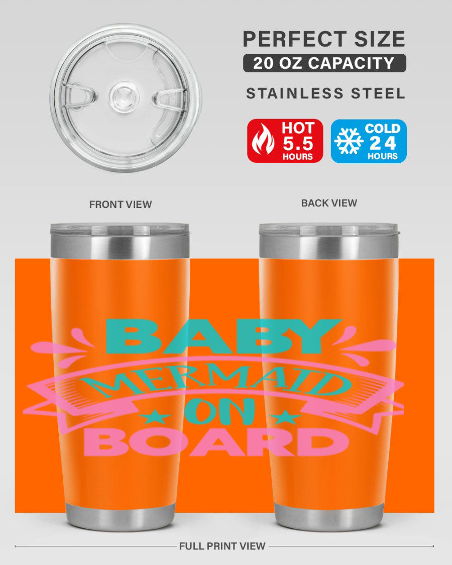 Baby Mermaid On Board 27# tumbler featuring a vibrant mermaid design, made from stainless steel with a drink-thru lid.