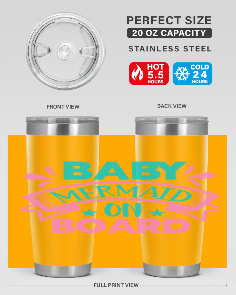 Baby Mermaid On Board 27# tumbler featuring a vibrant mermaid design, made from stainless steel with a drink-thru lid.