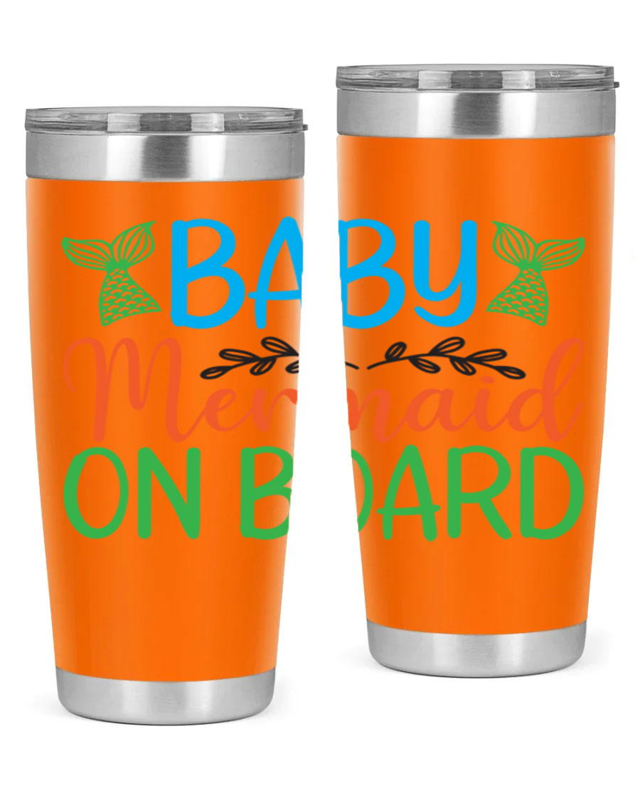 A stylish Baby Mermaid On Board 33# tumbler featuring a vibrant mermaid design, made of double wall vacuum stainless steel with a drink-thru lid.