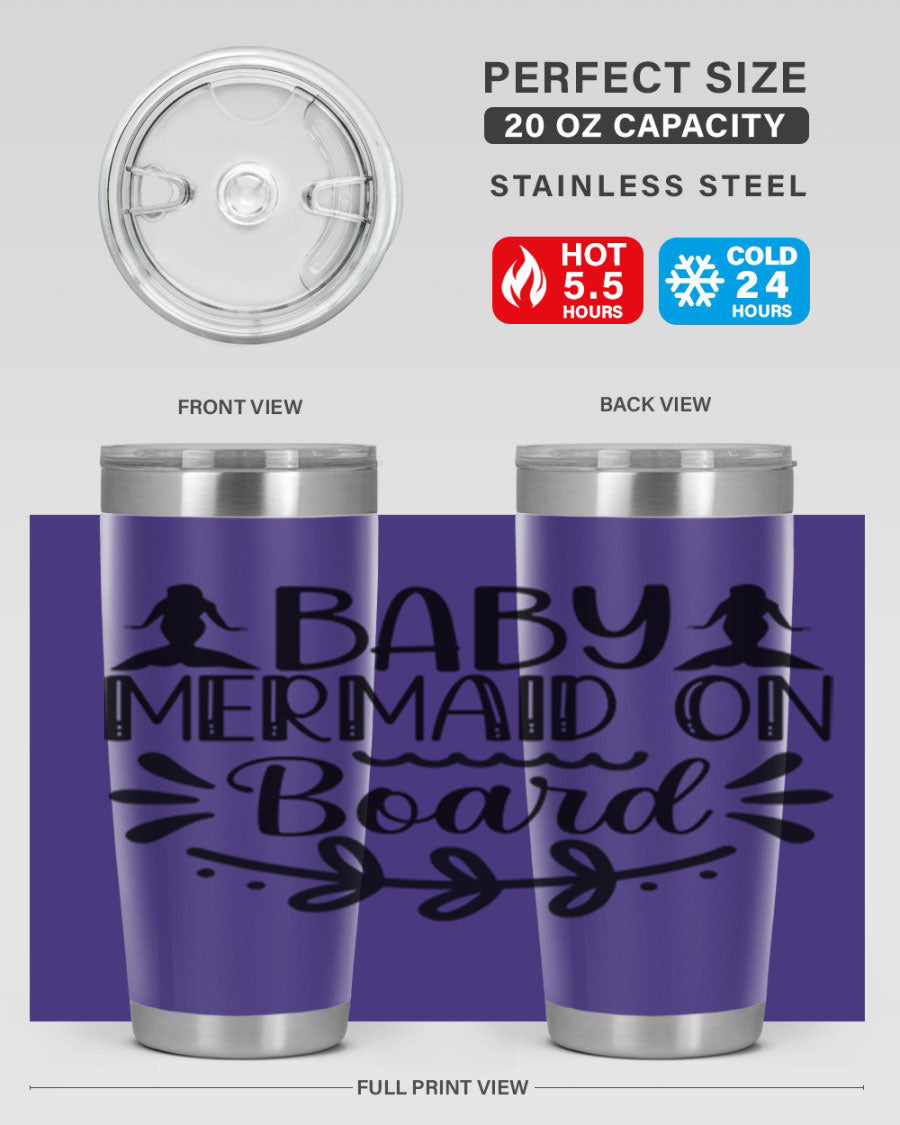 A colorful Baby Mermaid on Board 30oz tumbler featuring a whimsical mermaid design, made of stainless steel with a drink-thru lid.