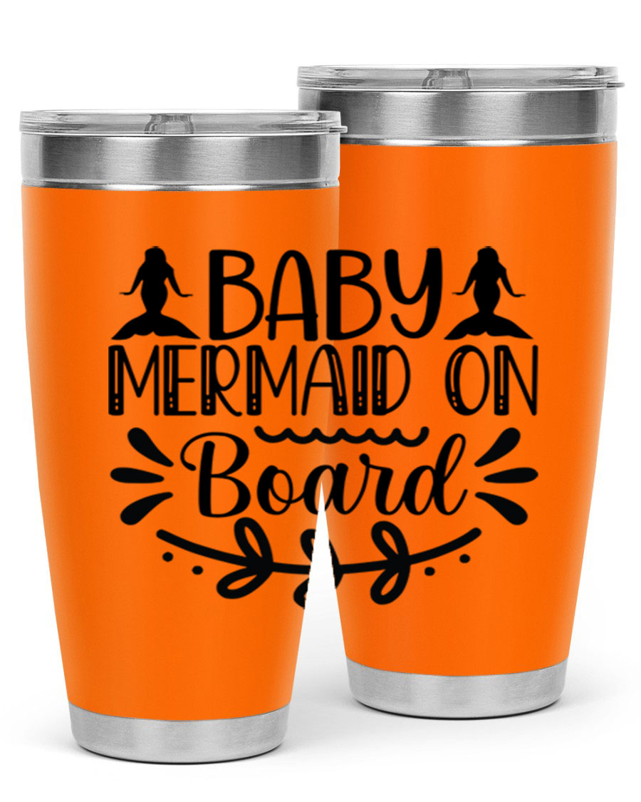 A colorful Baby Mermaid on Board 30oz tumbler featuring a whimsical mermaid design, made of stainless steel with a drink-thru lid.