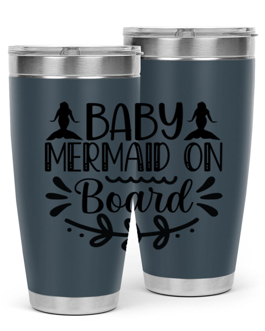 A colorful Baby Mermaid on Board 30oz tumbler featuring a whimsical mermaid design, made of stainless steel with a drink-thru lid.