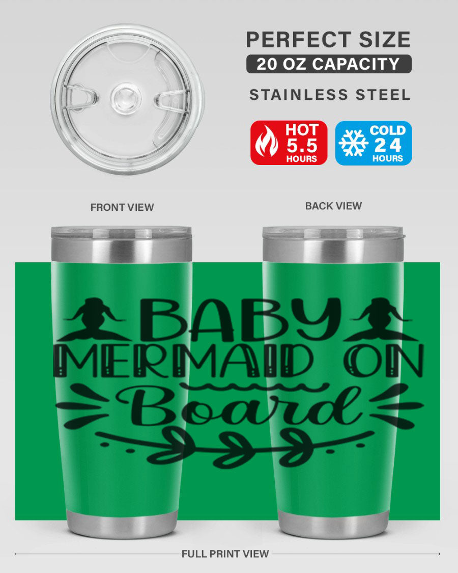 A colorful Baby Mermaid on Board 30oz tumbler featuring a whimsical mermaid design, made of stainless steel with a drink-thru lid.