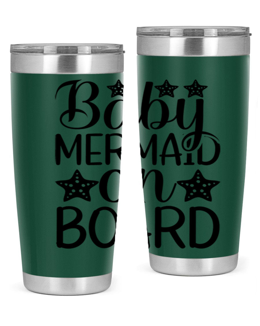 A stylish Baby Mermaid On Board 20oz tumbler featuring a vibrant mermaid design, made of stainless steel with a drink-thru lid.