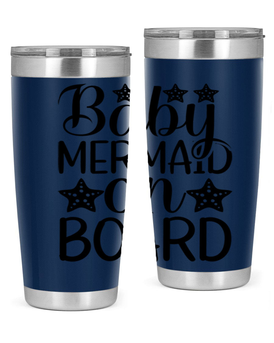 A stylish Baby Mermaid On Board 20oz tumbler featuring a vibrant mermaid design, made of stainless steel with a drink-thru lid.