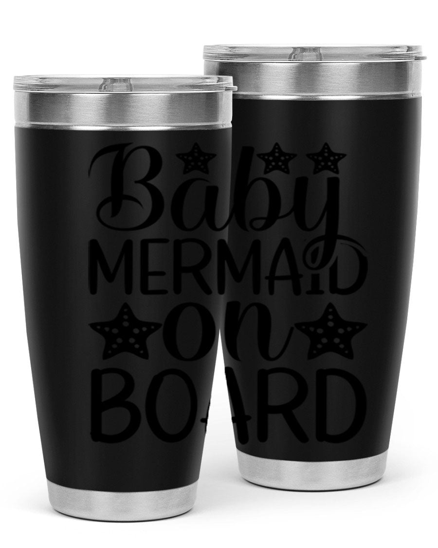 A stylish Baby Mermaid On Board 20oz tumbler featuring a vibrant mermaid design, made of stainless steel with a drink-thru lid.