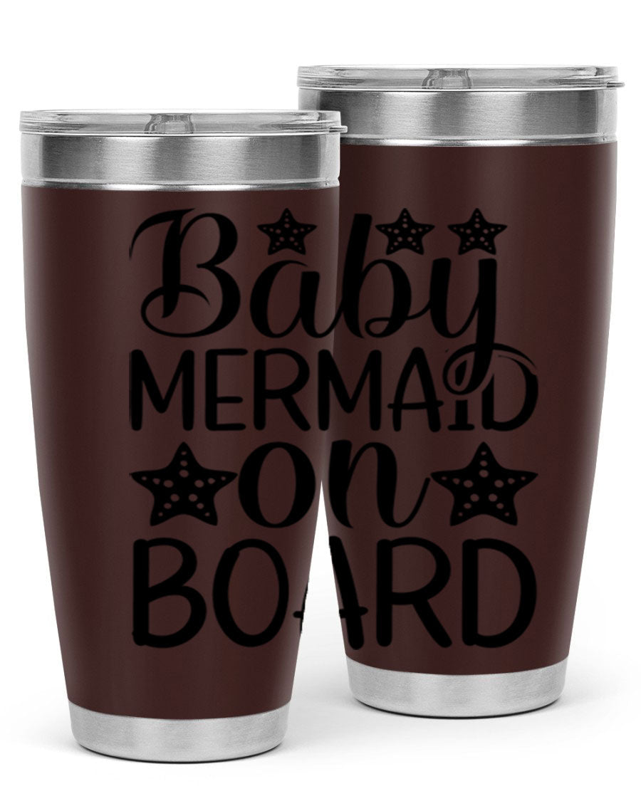 A stylish Baby Mermaid On Board 20oz tumbler featuring a vibrant mermaid design, made of stainless steel with a drink-thru lid.