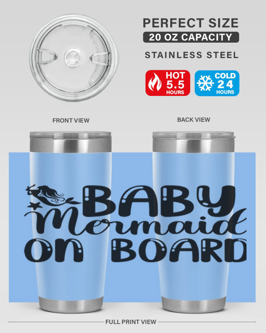 A stylish Baby Mermaid on Board 35# Tumbler featuring a vibrant mermaid design, made of double wall vacuum stainless steel with a drink-thru lid.