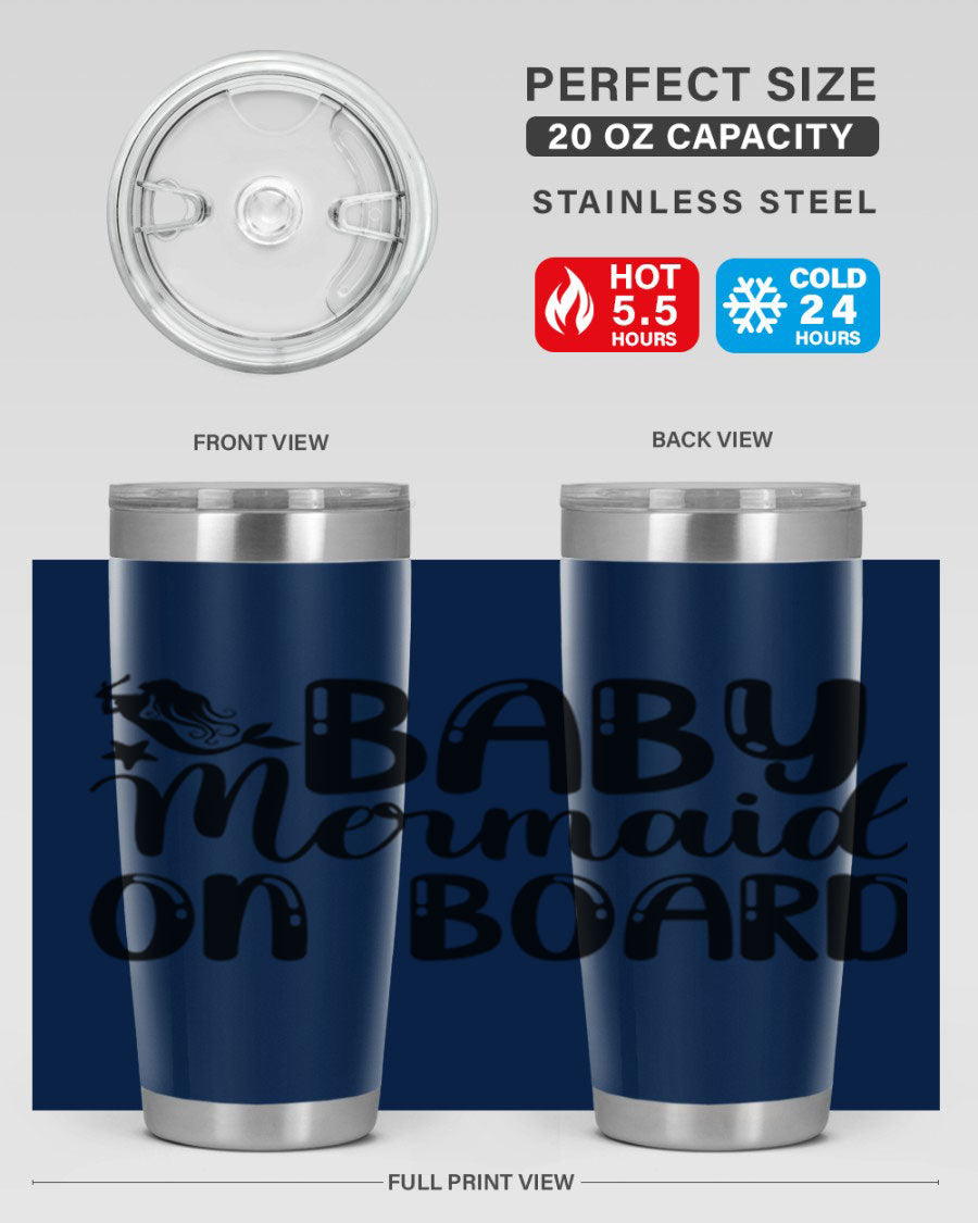 A stylish Baby Mermaid on Board 35# Tumbler featuring a vibrant mermaid design, made of double wall vacuum stainless steel with a drink-thru lid.