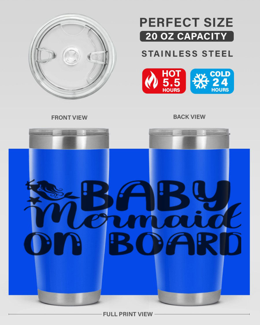 A stylish Baby Mermaid on Board 35# Tumbler featuring a vibrant mermaid design, made of double wall vacuum stainless steel with a drink-thru lid.