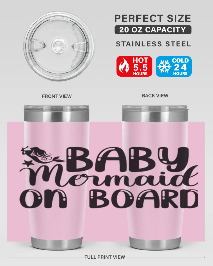 A stylish Baby Mermaid on Board 35# Tumbler featuring a vibrant mermaid design, made of double wall vacuum stainless steel with a drink-thru lid.