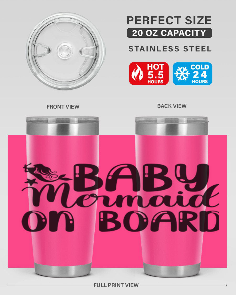 A stylish Baby Mermaid on Board 35# Tumbler featuring a vibrant mermaid design, made of double wall vacuum stainless steel with a drink-thru lid.