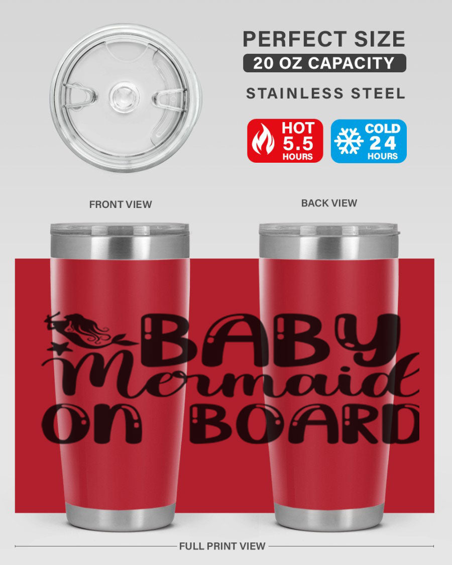 A stylish Baby Mermaid on Board 35# Tumbler featuring a vibrant mermaid design, made of double wall vacuum stainless steel with a drink-thru lid.