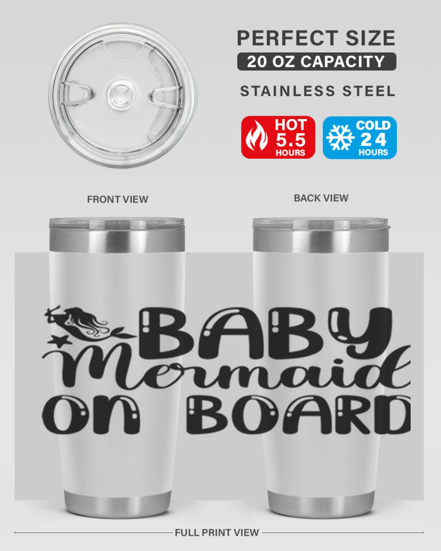 A stylish Baby Mermaid on Board 35# Tumbler featuring a vibrant mermaid design, made of double wall vacuum stainless steel with a drink-thru lid.