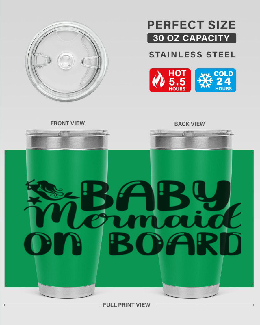 A stylish Baby Mermaid on Board 35# Tumbler featuring a vibrant mermaid design, made of double wall vacuum stainless steel with a drink-thru lid.