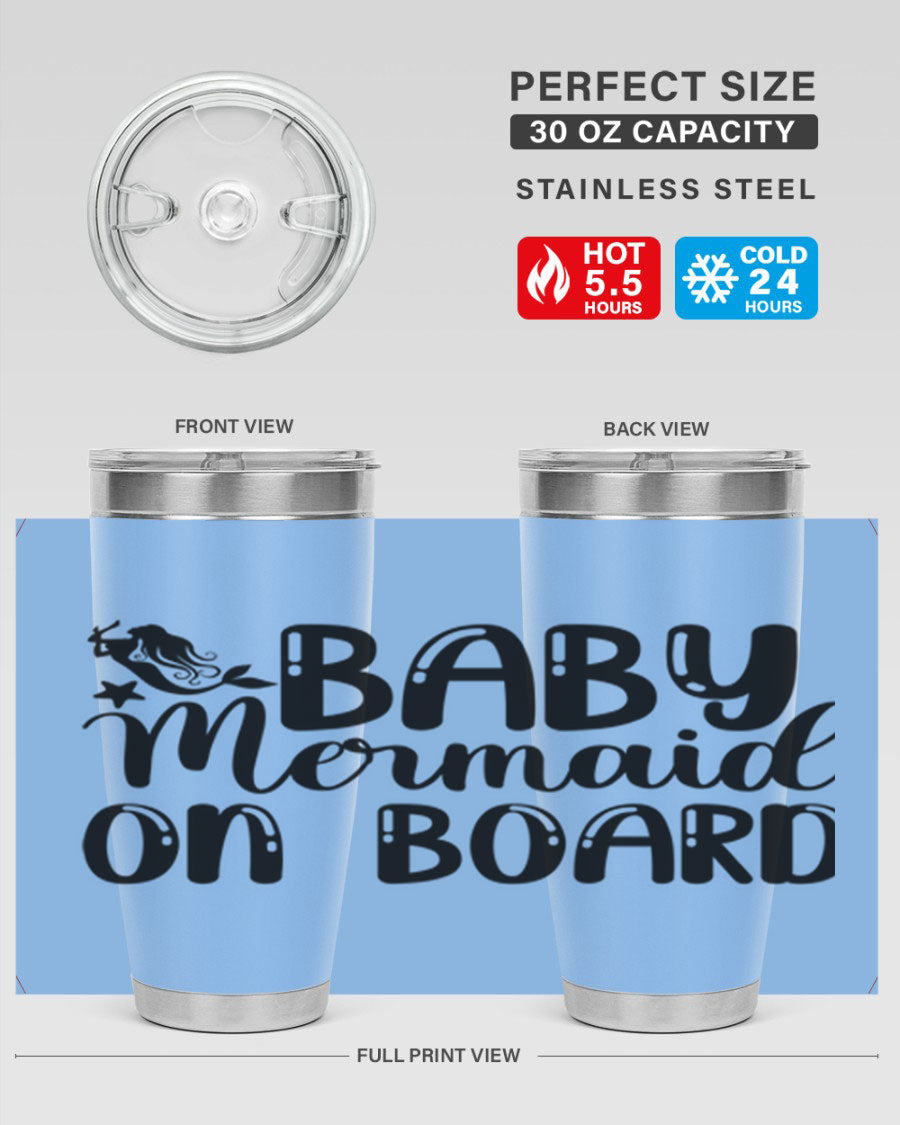 A stylish Baby Mermaid on Board 35# Tumbler featuring a vibrant mermaid design, made of double wall vacuum stainless steel with a drink-thru lid.