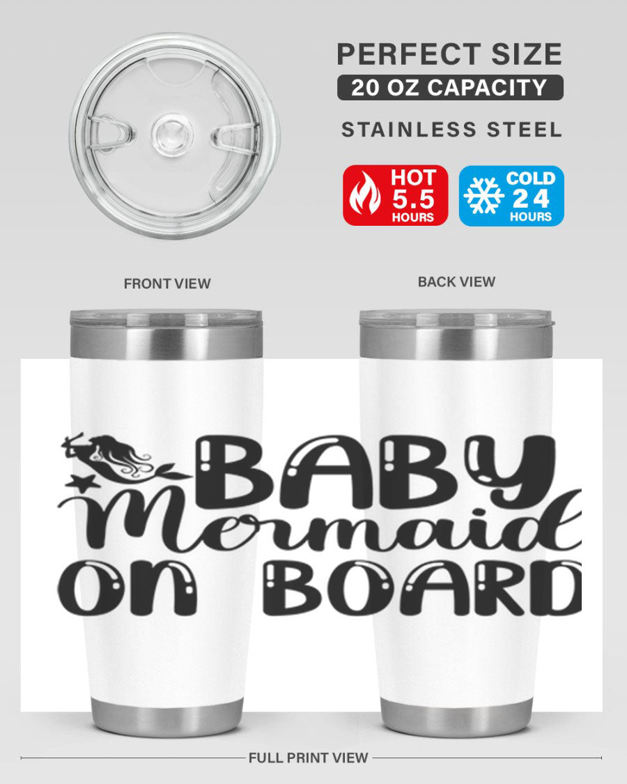 A stylish Baby Mermaid on Board 35# Tumbler featuring a vibrant mermaid design, made of double wall vacuum stainless steel with a drink-thru lid.