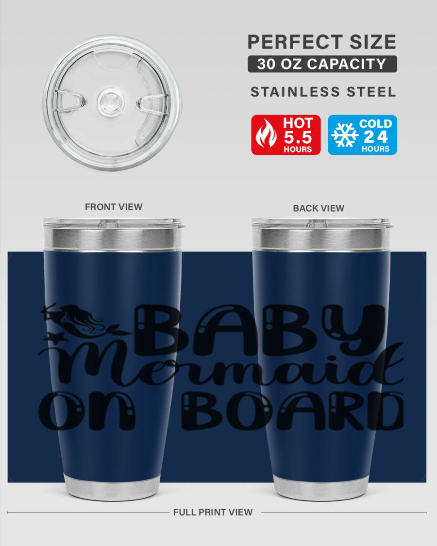 A stylish Baby Mermaid on Board 35# Tumbler featuring a vibrant mermaid design, made of double wall vacuum stainless steel with a drink-thru lid.