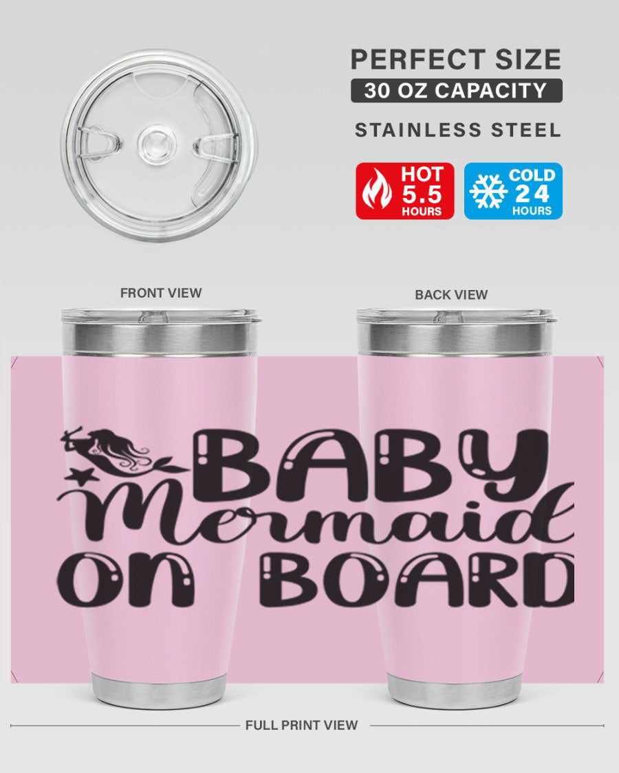 A stylish Baby Mermaid on Board 35# Tumbler featuring a vibrant mermaid design, made of double wall vacuum stainless steel with a drink-thru lid.