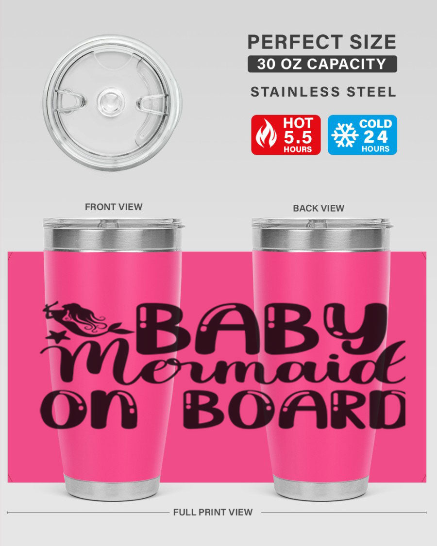 A stylish Baby Mermaid on Board 35# Tumbler featuring a vibrant mermaid design, made of double wall vacuum stainless steel with a drink-thru lid.