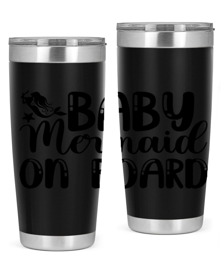 A stylish Baby Mermaid on Board 35# Tumbler featuring a vibrant mermaid design, made of double wall vacuum stainless steel with a drink-thru lid.