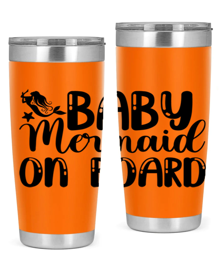 A stylish Baby Mermaid on Board 35# Tumbler featuring a vibrant mermaid design, made of double wall vacuum stainless steel with a drink-thru lid.