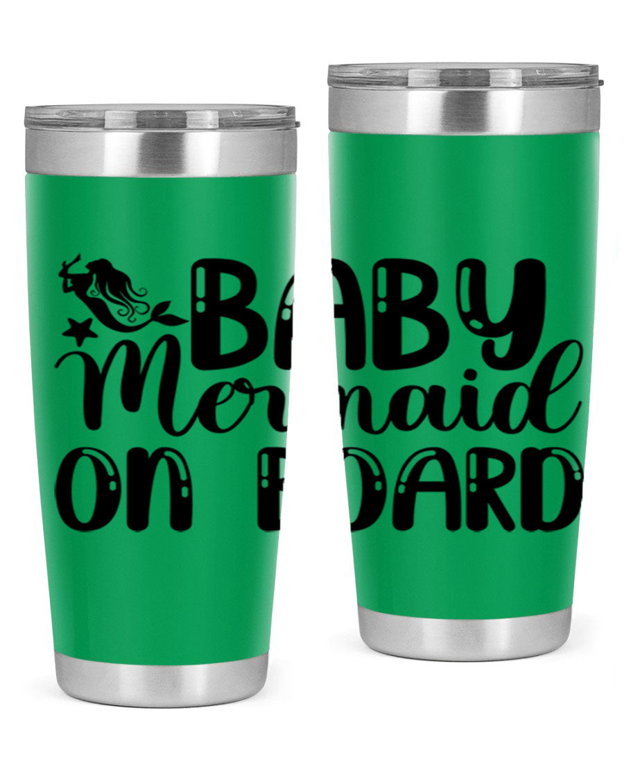 A stylish Baby Mermaid on Board 35# Tumbler featuring a vibrant mermaid design, made of double wall vacuum stainless steel with a drink-thru lid.