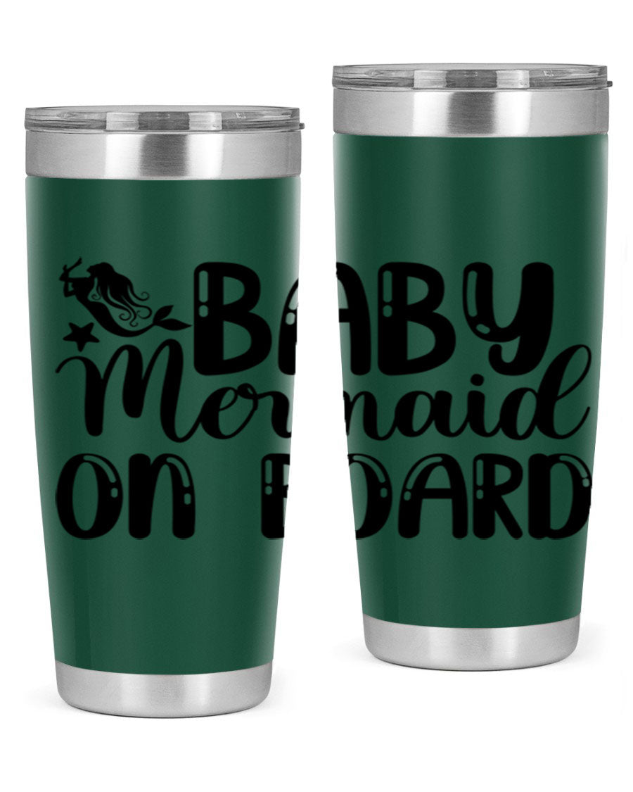 A stylish Baby Mermaid on Board 35# Tumbler featuring a vibrant mermaid design, made of double wall vacuum stainless steel with a drink-thru lid.