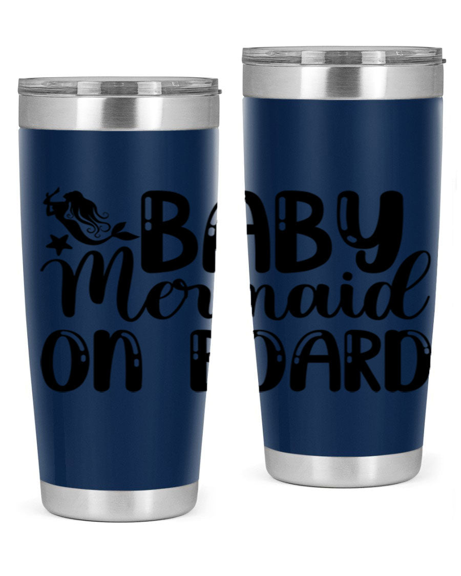 A stylish Baby Mermaid on Board 35# Tumbler featuring a vibrant mermaid design, made of double wall vacuum stainless steel with a drink-thru lid.