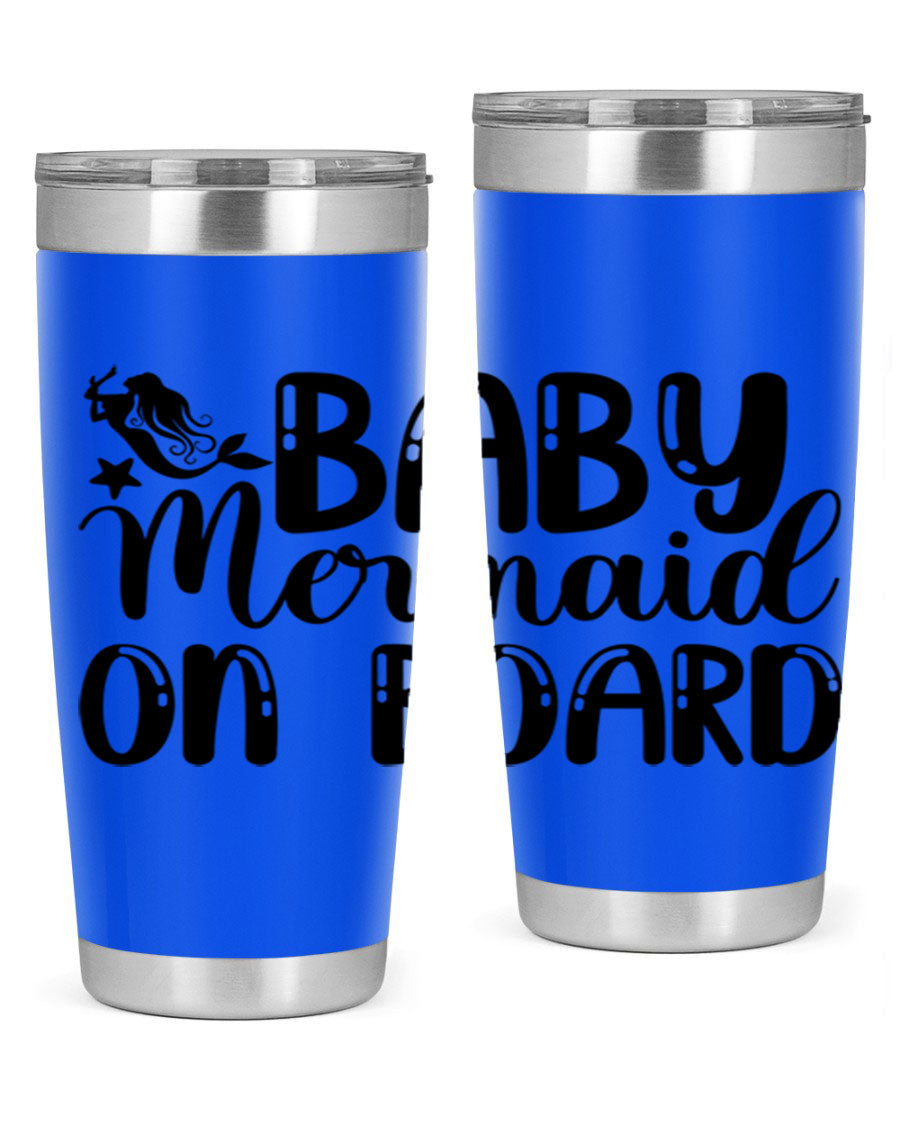 A stylish Baby Mermaid on Board 35# Tumbler featuring a vibrant mermaid design, made of double wall vacuum stainless steel with a drink-thru lid.