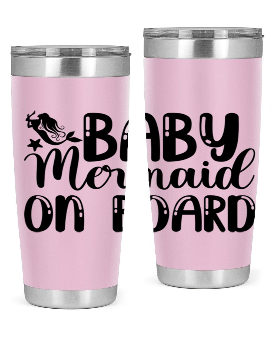 A stylish Baby Mermaid on Board 35# Tumbler featuring a vibrant mermaid design, made of double wall vacuum stainless steel with a drink-thru lid.