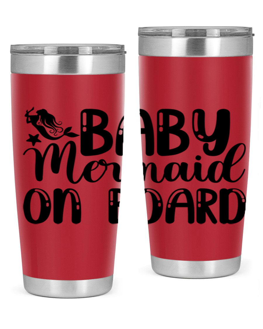 A stylish Baby Mermaid on Board 35# Tumbler featuring a vibrant mermaid design, made of double wall vacuum stainless steel with a drink-thru lid.