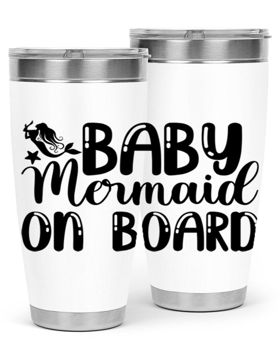 A stylish Baby Mermaid on Board 35# Tumbler featuring a vibrant mermaid design, made of double wall vacuum stainless steel with a drink-thru lid.