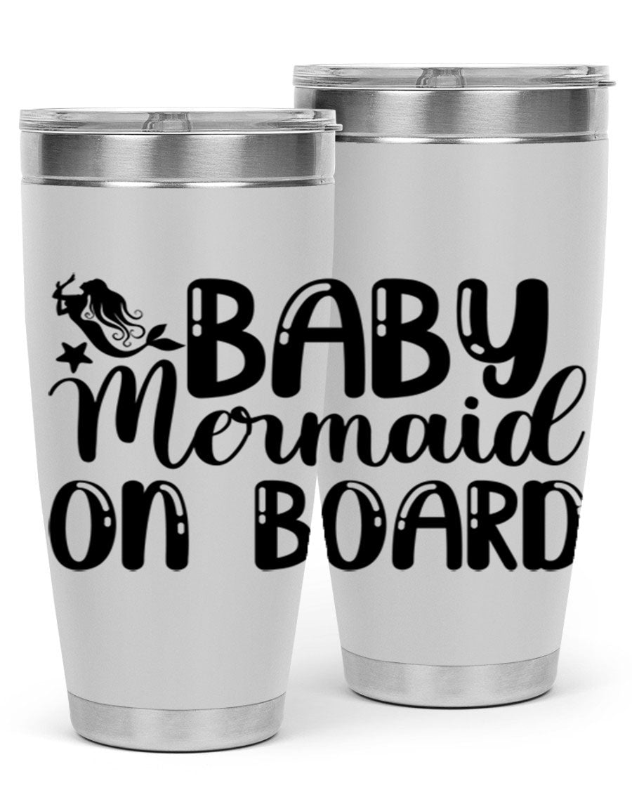 A stylish Baby Mermaid on Board 35# Tumbler featuring a vibrant mermaid design, made of double wall vacuum stainless steel with a drink-thru lid.