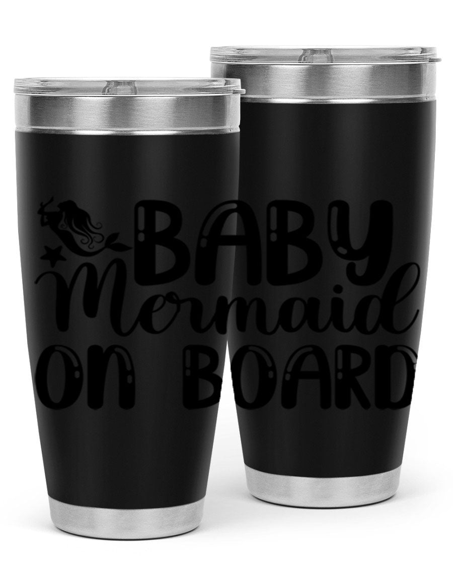 A stylish Baby Mermaid on Board 35# Tumbler featuring a vibrant mermaid design, made of double wall vacuum stainless steel with a drink-thru lid.