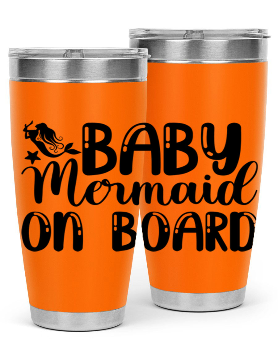 A stylish Baby Mermaid on Board 35# Tumbler featuring a vibrant mermaid design, made of double wall vacuum stainless steel with a drink-thru lid.