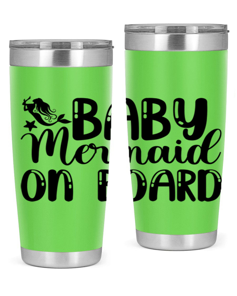 A stylish Baby Mermaid on Board 35# Tumbler featuring a vibrant mermaid design, made of double wall vacuum stainless steel with a drink-thru lid.