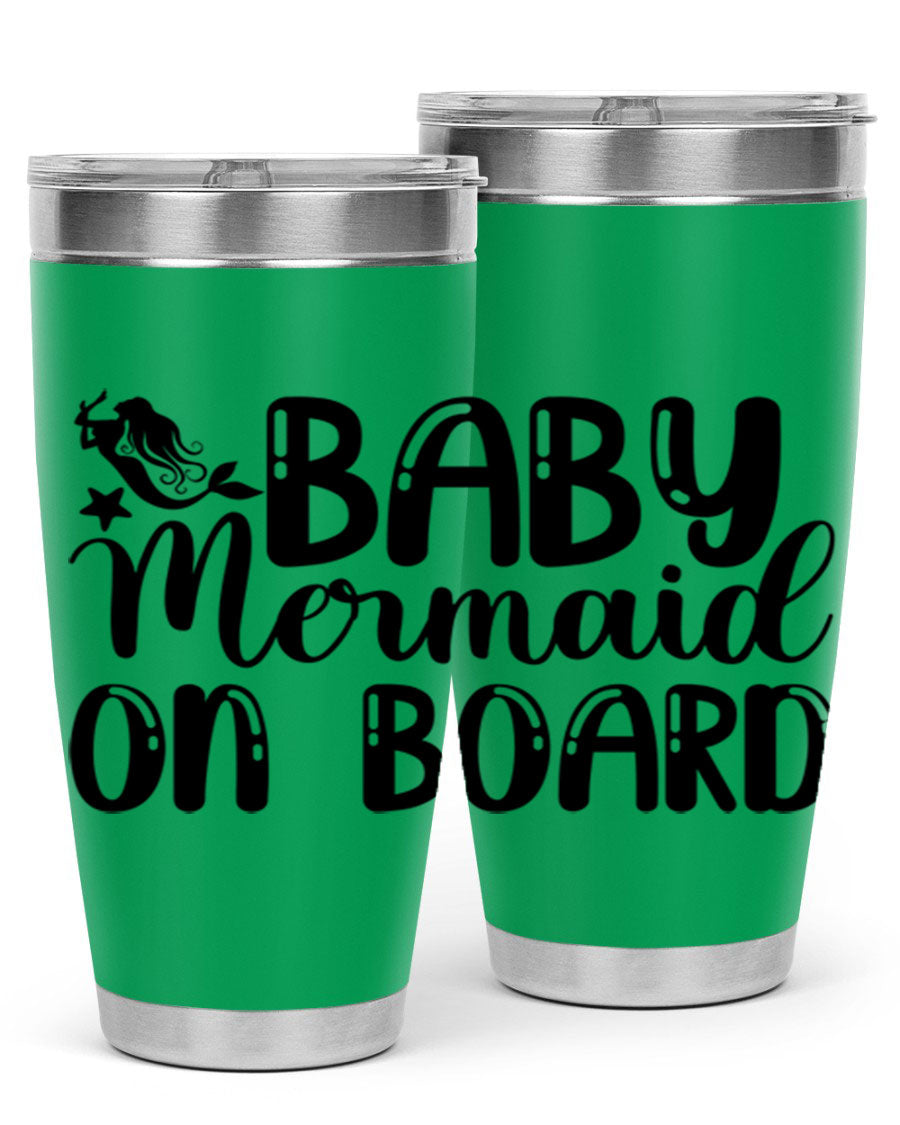 A stylish Baby Mermaid on Board 35# Tumbler featuring a vibrant mermaid design, made of double wall vacuum stainless steel with a drink-thru lid.